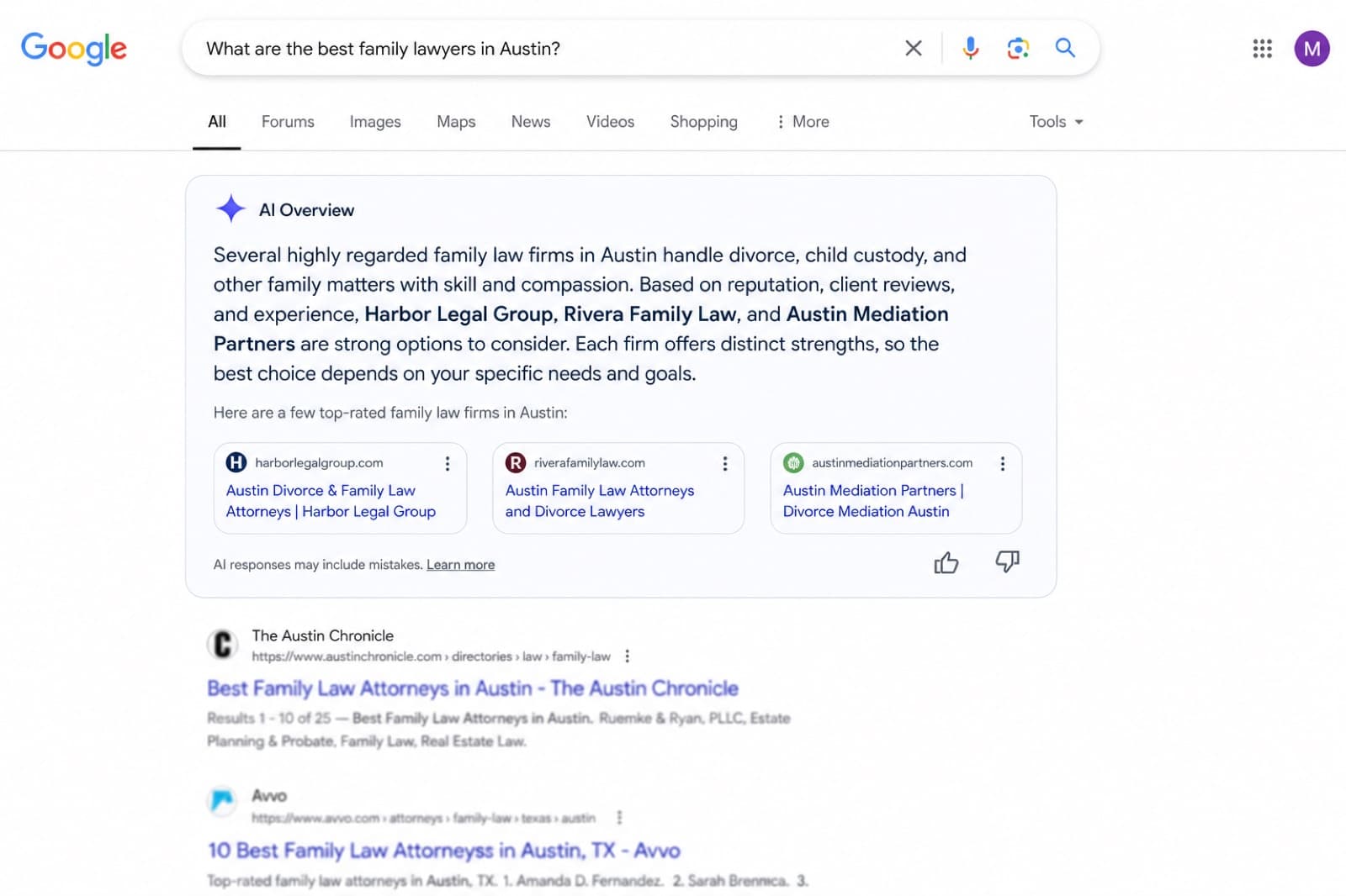 Example Google AI Overview answering “What are the best family lawyers in Austin?” with law firms named in the AI answer above traditional search results.